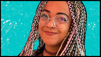 Claudia is a black young girl, with glasses, braids and a shy smirk.